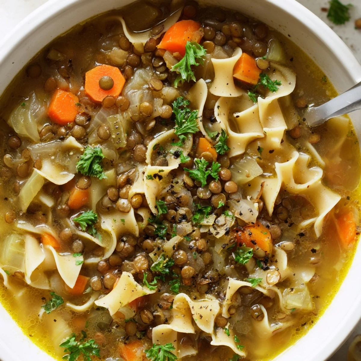 A steaming bowl of Lentil Noodle Soup garnished with fresh parsley and lemon wedges.