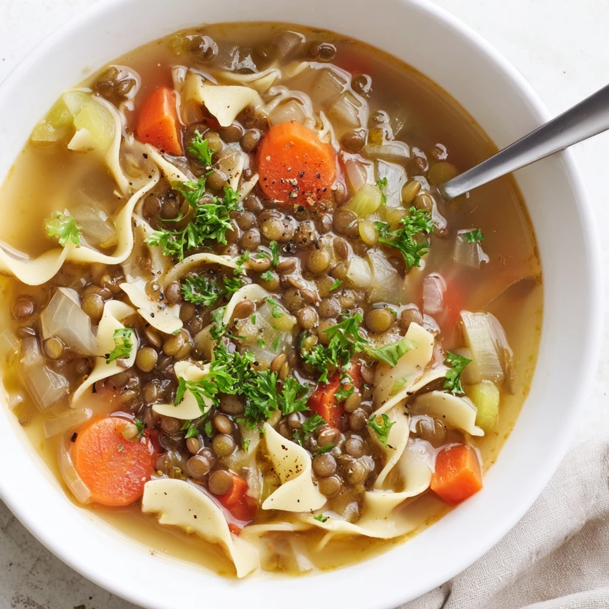 Homemade Lentil Noodle Soup served in a rustic ceramic bowl with crusty bread on the side.