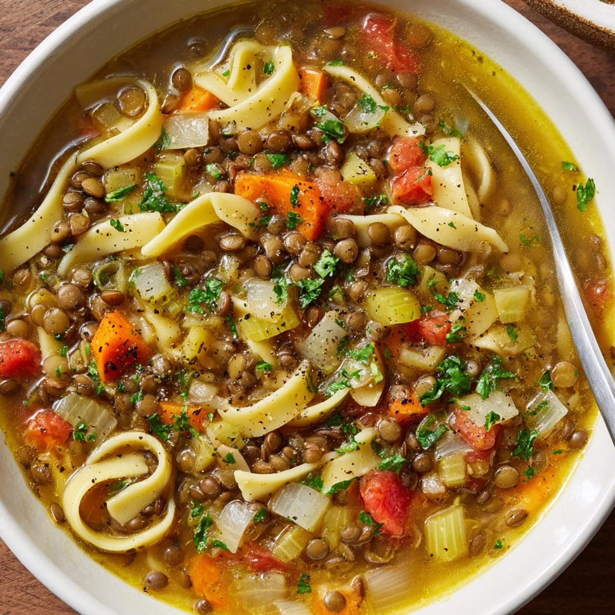 Lentil Noodle Soup simmering with brown lentils, carrots, and noodles in a savory broth.