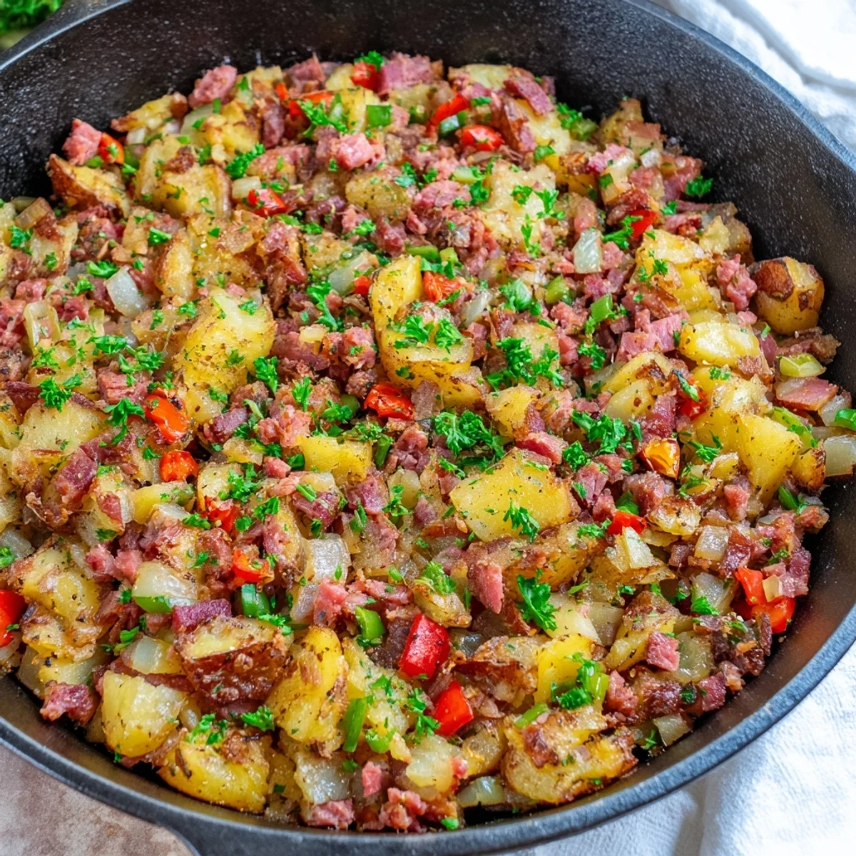 A close-up of Corned Beef Hash Skillet with Crispy Potatoes and Bell Peppers, topped with a runny egg yolk.