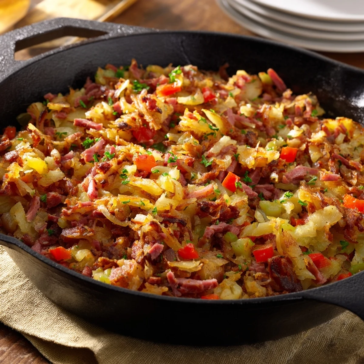 Sizzling Corned Beef Hash Skillet with Crispy Potatoes and Bell Peppers served hot with fresh parsley garnish.