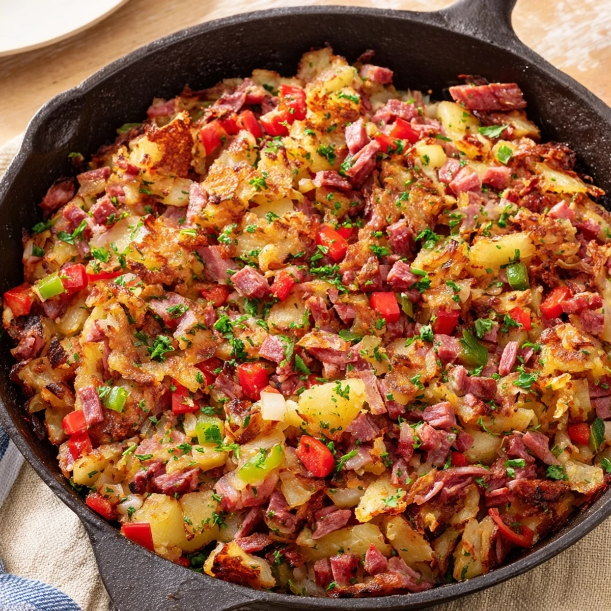 Cast iron skillet holding a hearty Corned Beef Hash Skillet with Crispy Potatoes and Bell Peppers for brunch.