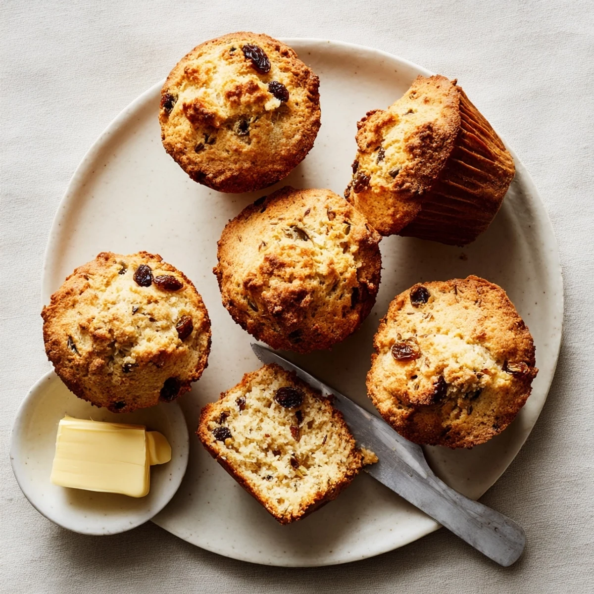 A close-up view of Irish Soda Bread Muffins studded with plump raisins, perfect for a cozy breakfast or afternoon tea.