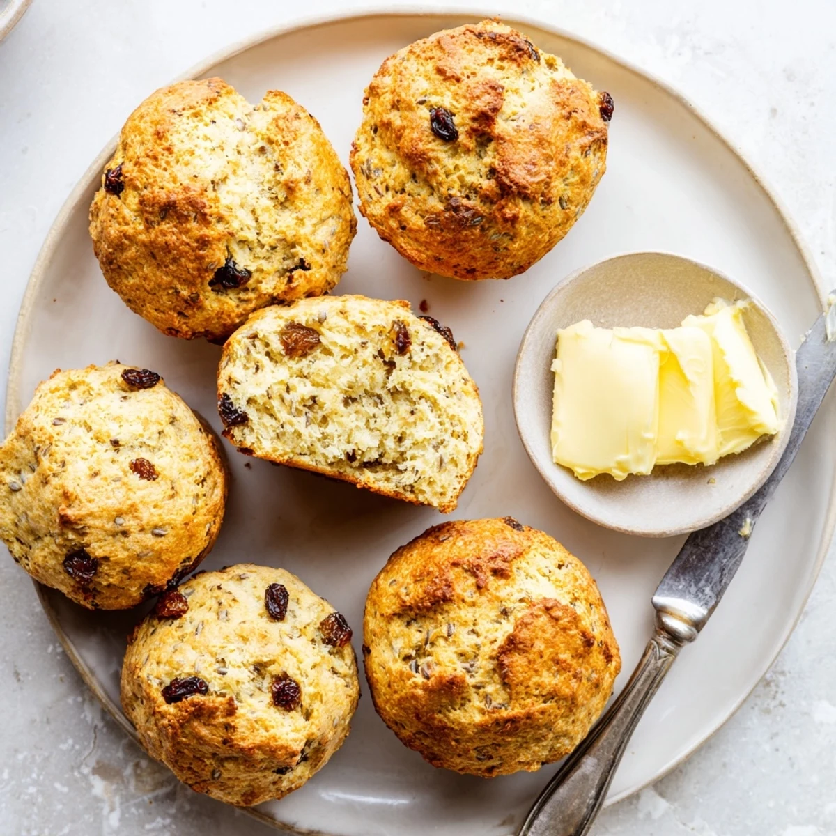 Freshly baked Irish Soda Bread Muffins with a crispy golden crust and soft crumbly center, served warm with a pat of butter.