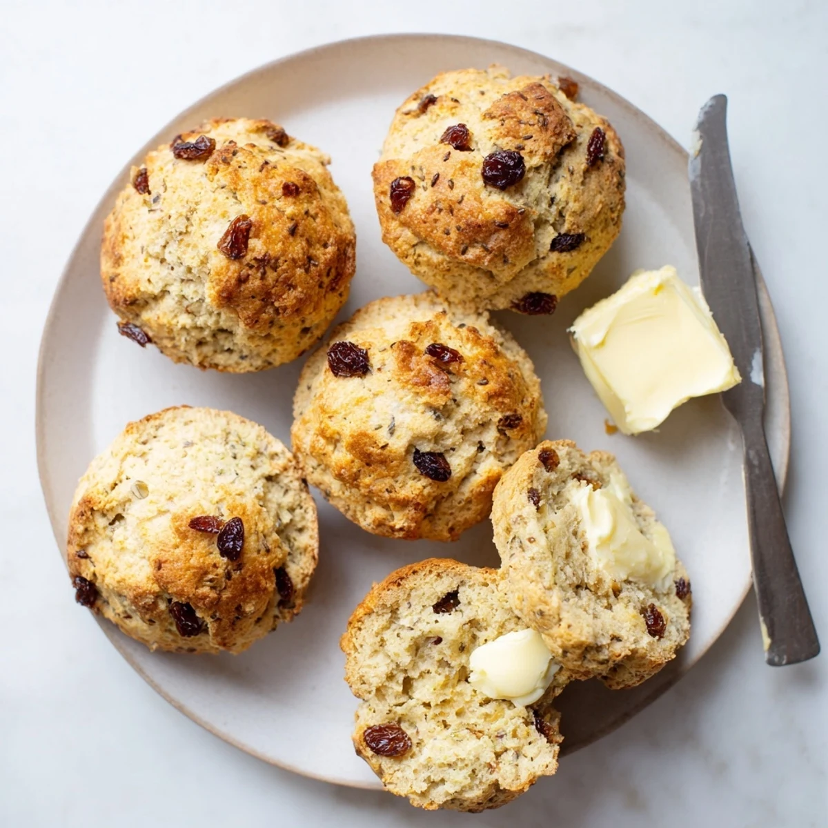 Golden brown Irish Soda Bread Muffins in a rustic tin, showcasing a tender interior and aromatic caraway seeds, ideal for snacking.