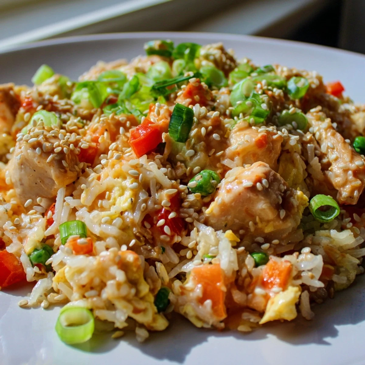 Crispy chicken and colorful veggies in Bang Bang Fried Rice, garnished with sesame seeds on a white plate.