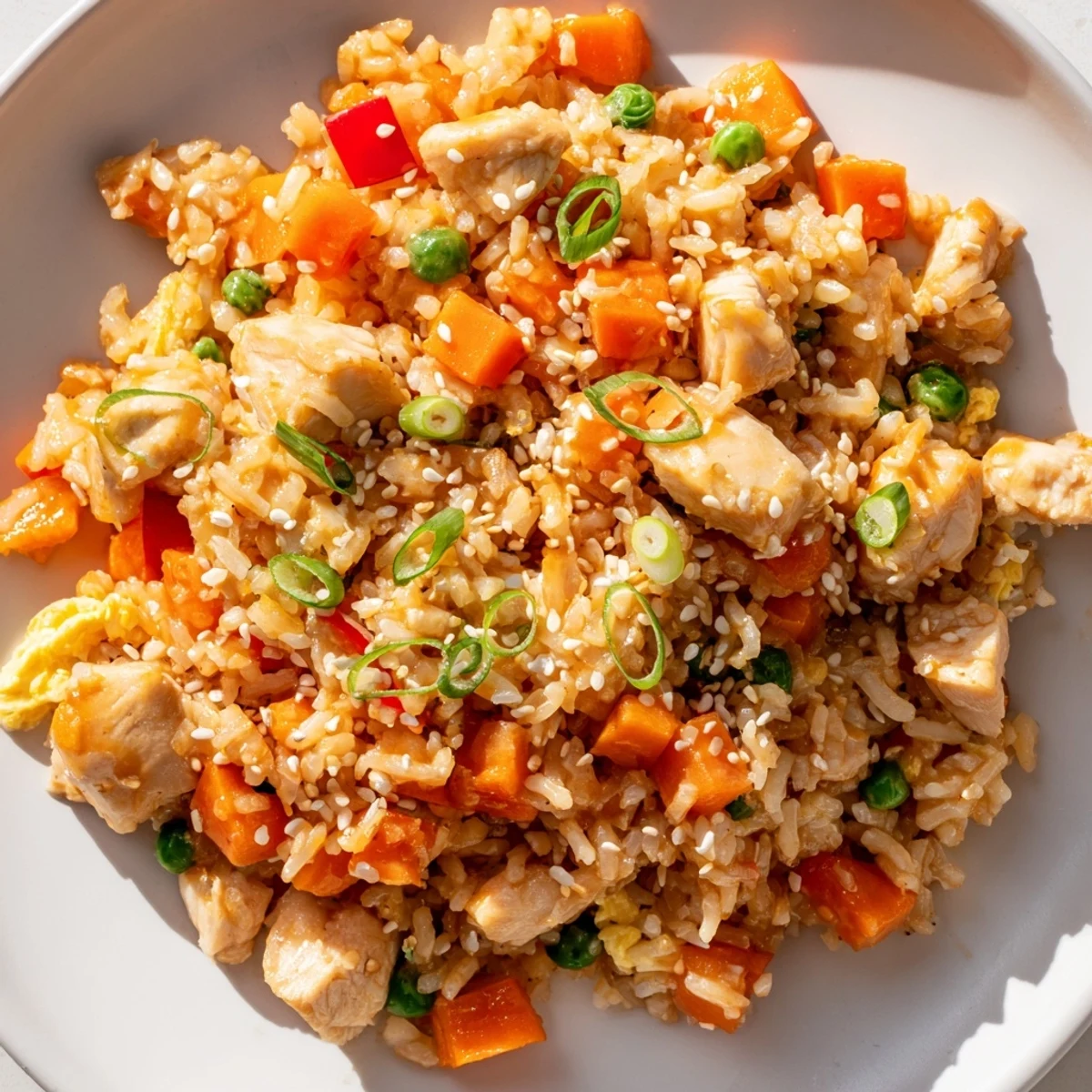 A close-up of creamy Bang Bang Fried Rice with fluffy jasmine rice, bright carrots, and a glossy sauce drizzle.