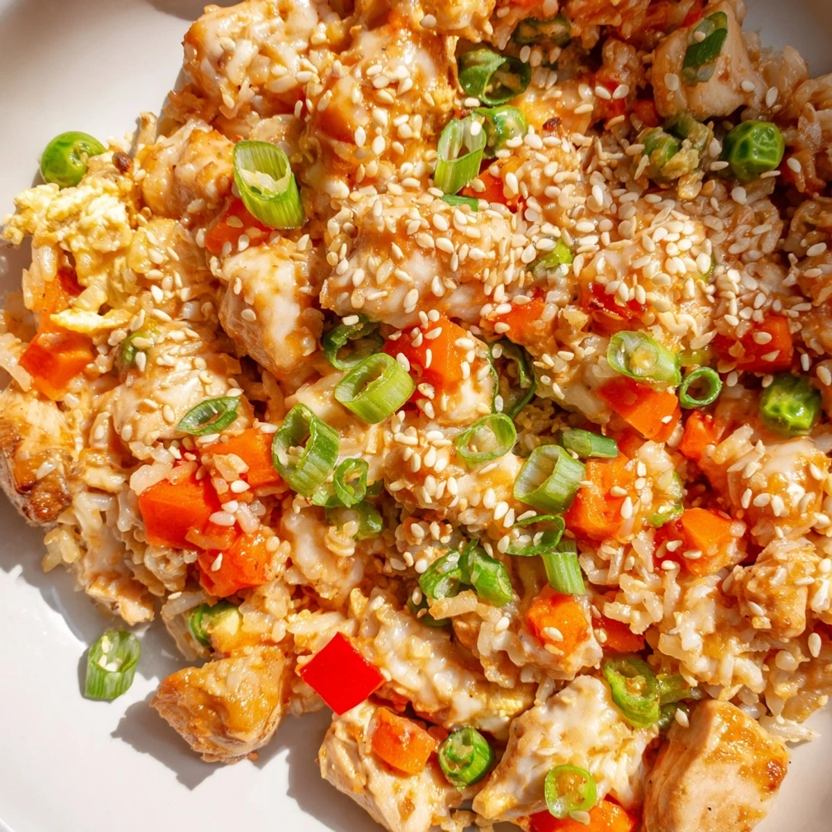 Sizzling Bang Bang Fried Rice served hot, topped with green onions and a side of extra sauce for dipping.