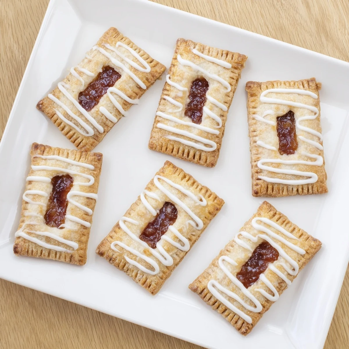 Golden-baked Protein Pop Tarts sit on a wooden board, showing a generous fruit jam filling and a smooth white icing drizzle.