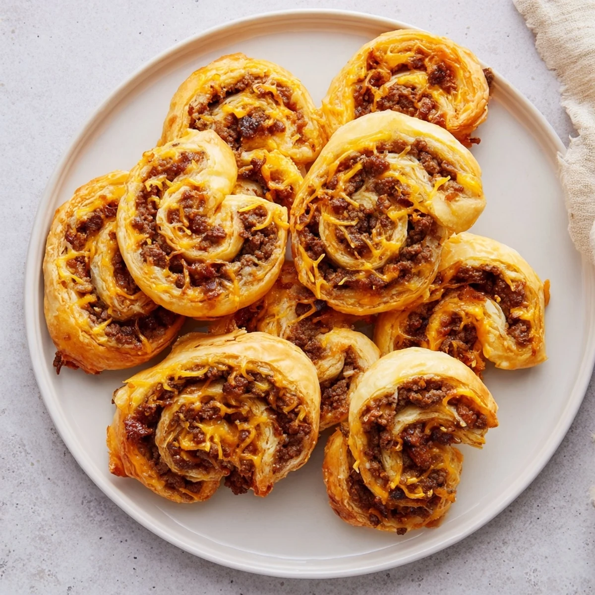 Golden, flaky Cheesy Bacon Burger Rollups Puff Pastry Appetizer are displayed on a wooden board, with melted cheddar and crispy bacon visible inside the baked pastry spirals. 