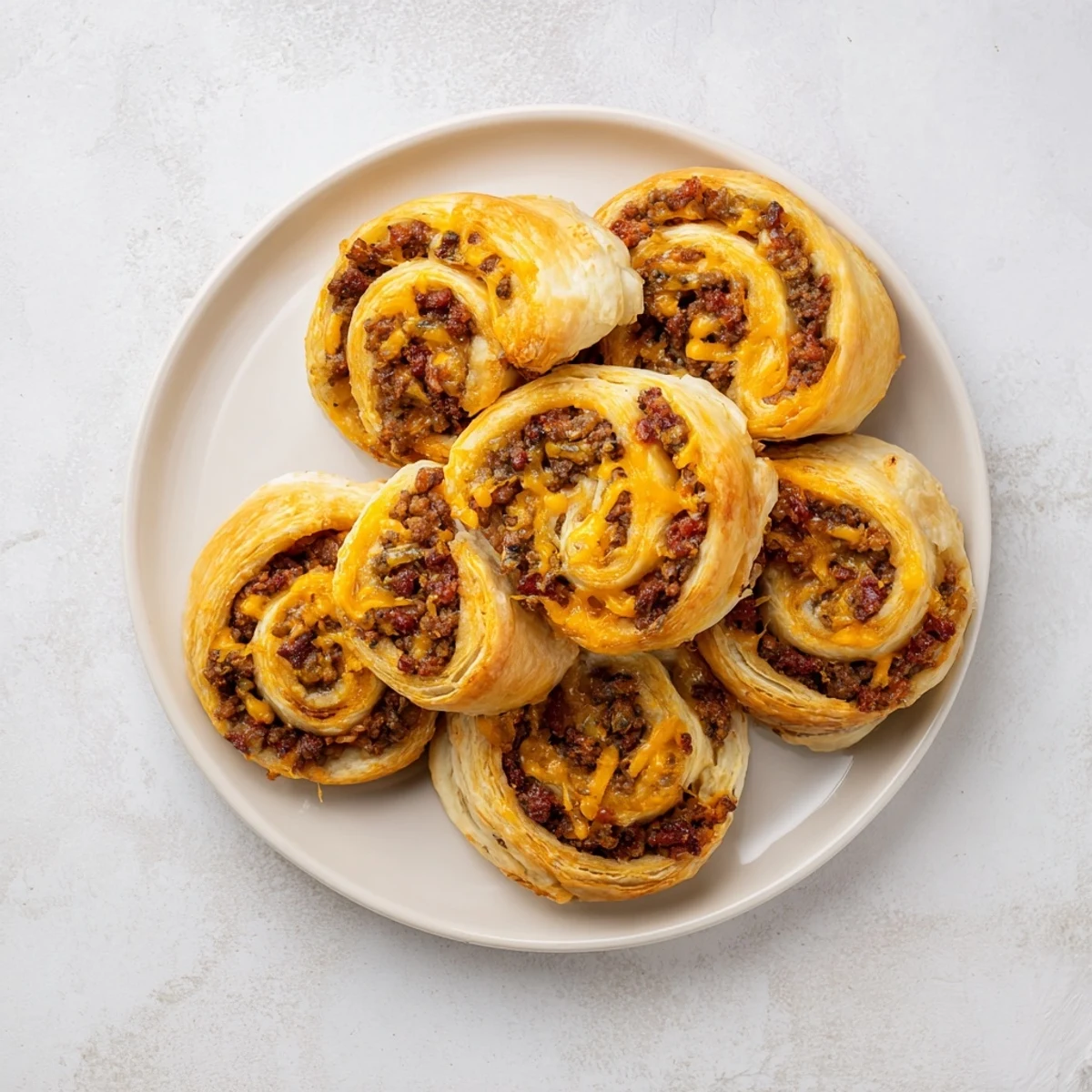 A serving platter holds sixteen golden-brown Cheesy Bacon Burger Rollups Puff Pastry Appetizer, arranged neatly with a small bowl of dipping sauce nearby.