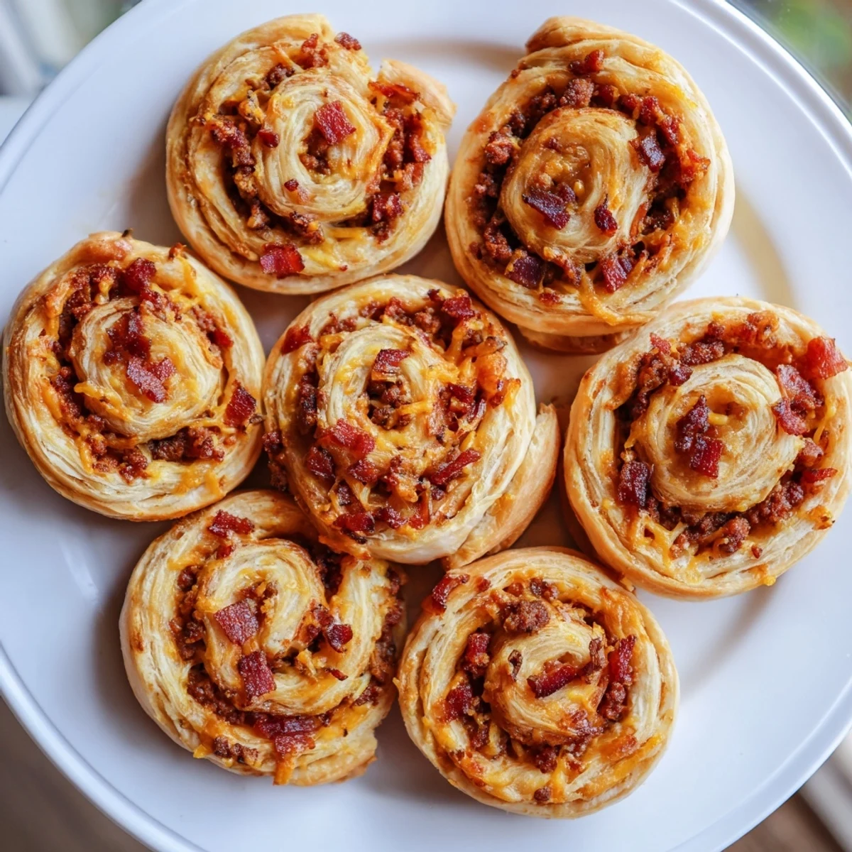 A close-up view shows the layers of seasoned ground beef and gooey cheese filling inside the Cheesy Bacon Burger Rollups Puff Pastry Appetizer, steaming slightly on a cooling rack. 