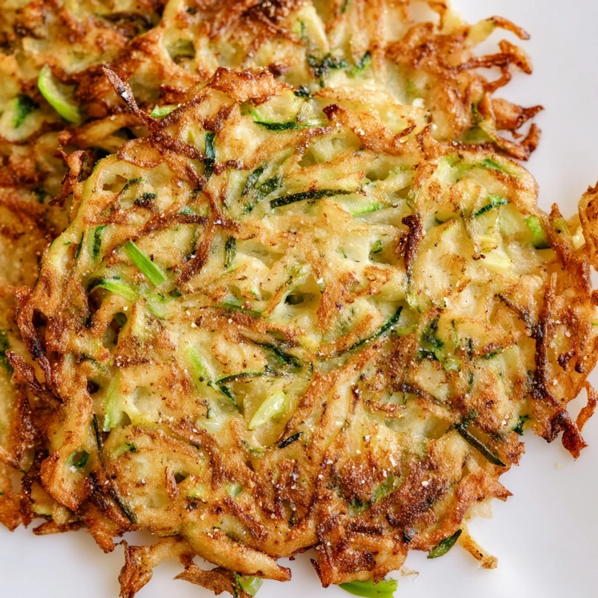 A plate of Crispy Easy Zucchini Fritters served with creamy dip and lemon wedges.