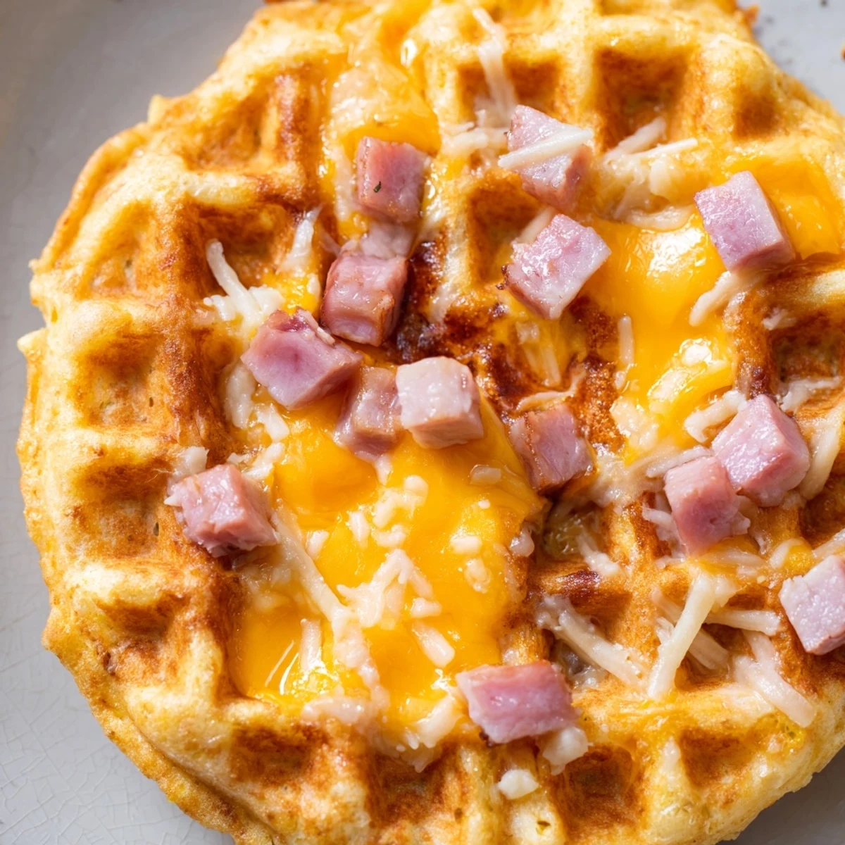 A close-up of golden, crispy Ham and Cheese Chaffles on a wooden board, showing melted cheddar and specks of diced ham.  