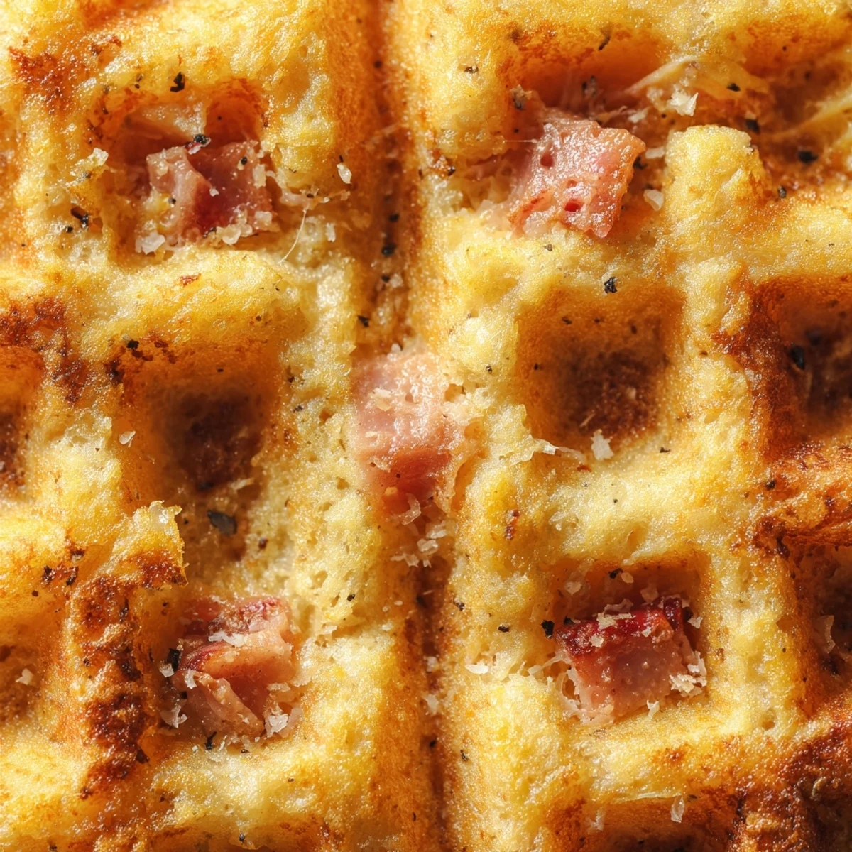 A serving plate features two stacked Ham and Cheese Chaffles topped with fresh chives and a dollop of sour cream.