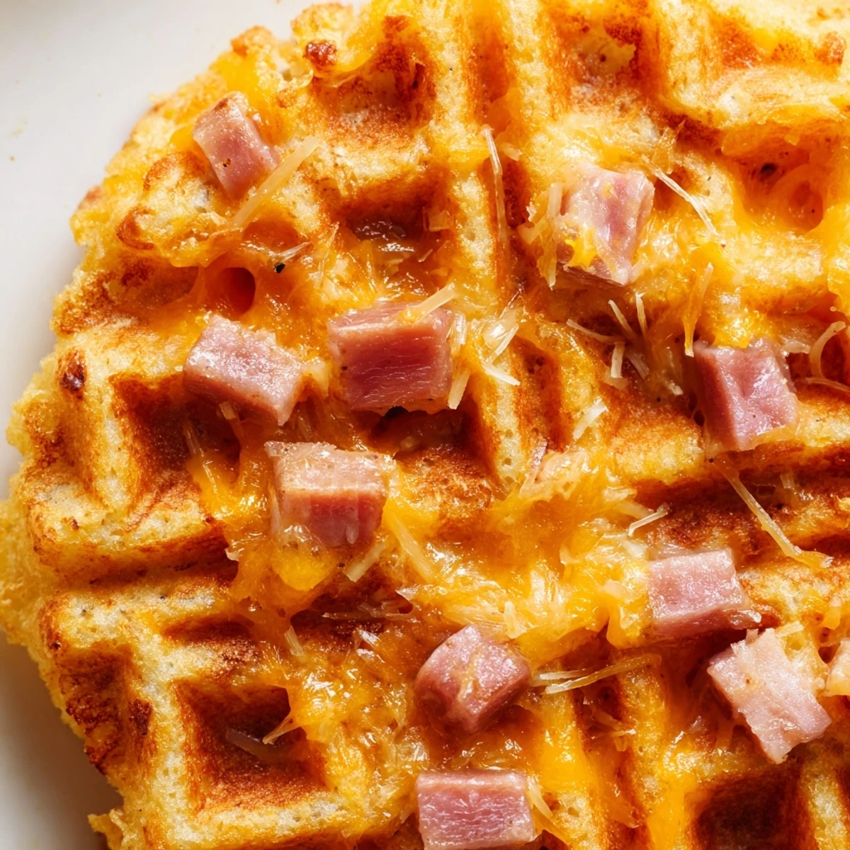 This image shows a Ham and Cheese Chaffle broken in half to reveal the fluffy, cheesy interior studded with savory ham pieces.  