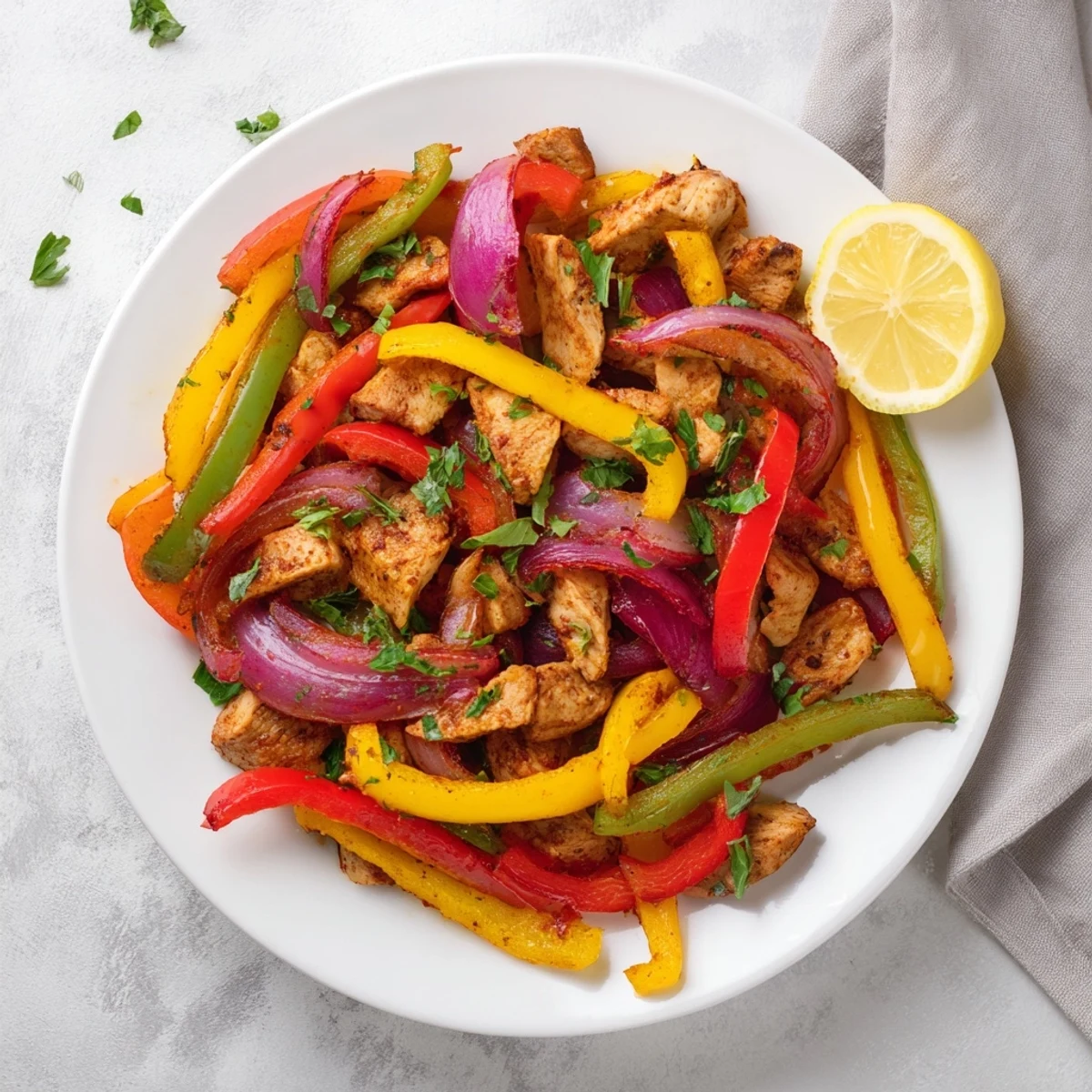 Cajun Chicken Bell Peppers Spicy Delight showcases sizzling chicken and vibrant peppers on a rustic plate.