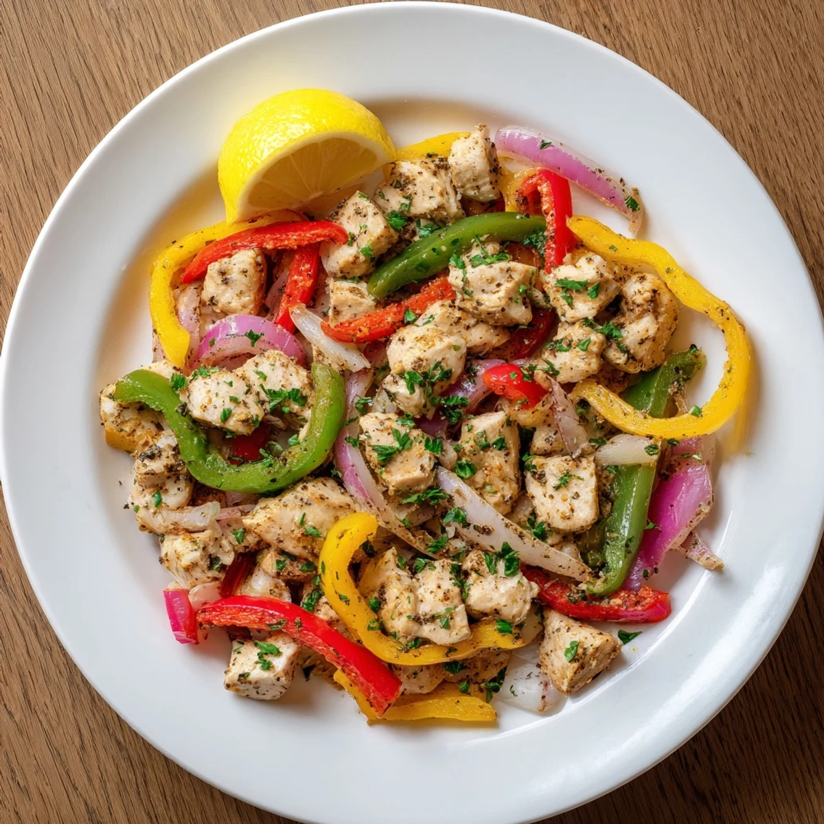 Tender Cajun Chicken Bell Peppers Spicy Delight served warm over fluffy white rice with lemon.