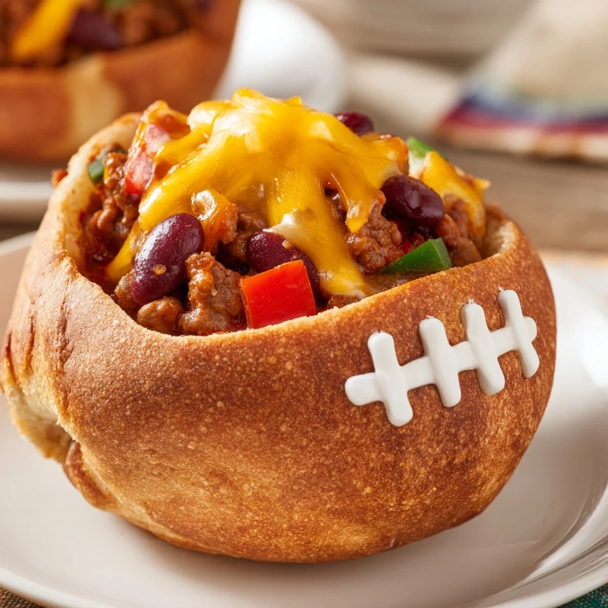 Golden-brown mini bread bowls filled with hearty chili, topped with melted cheddar cheese and piped sour cream football laces on a game day platter.  