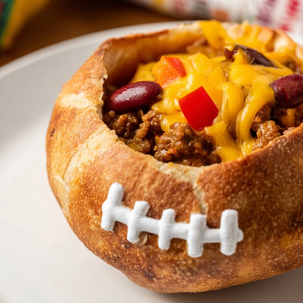Warm Mini Chili Football Bread Bowls served on a rustic wooden board with green onion garnish and extra toppings nearby.