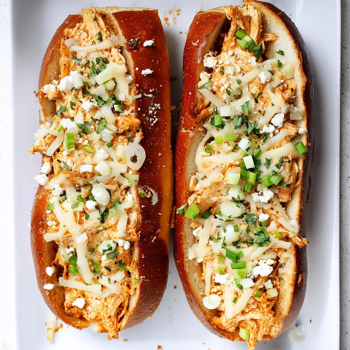 Warm, bubbly Cheesy Buffalo Chicken Stuffed French Bread emerges from the oven with a golden, buttery crust and melted cheese.