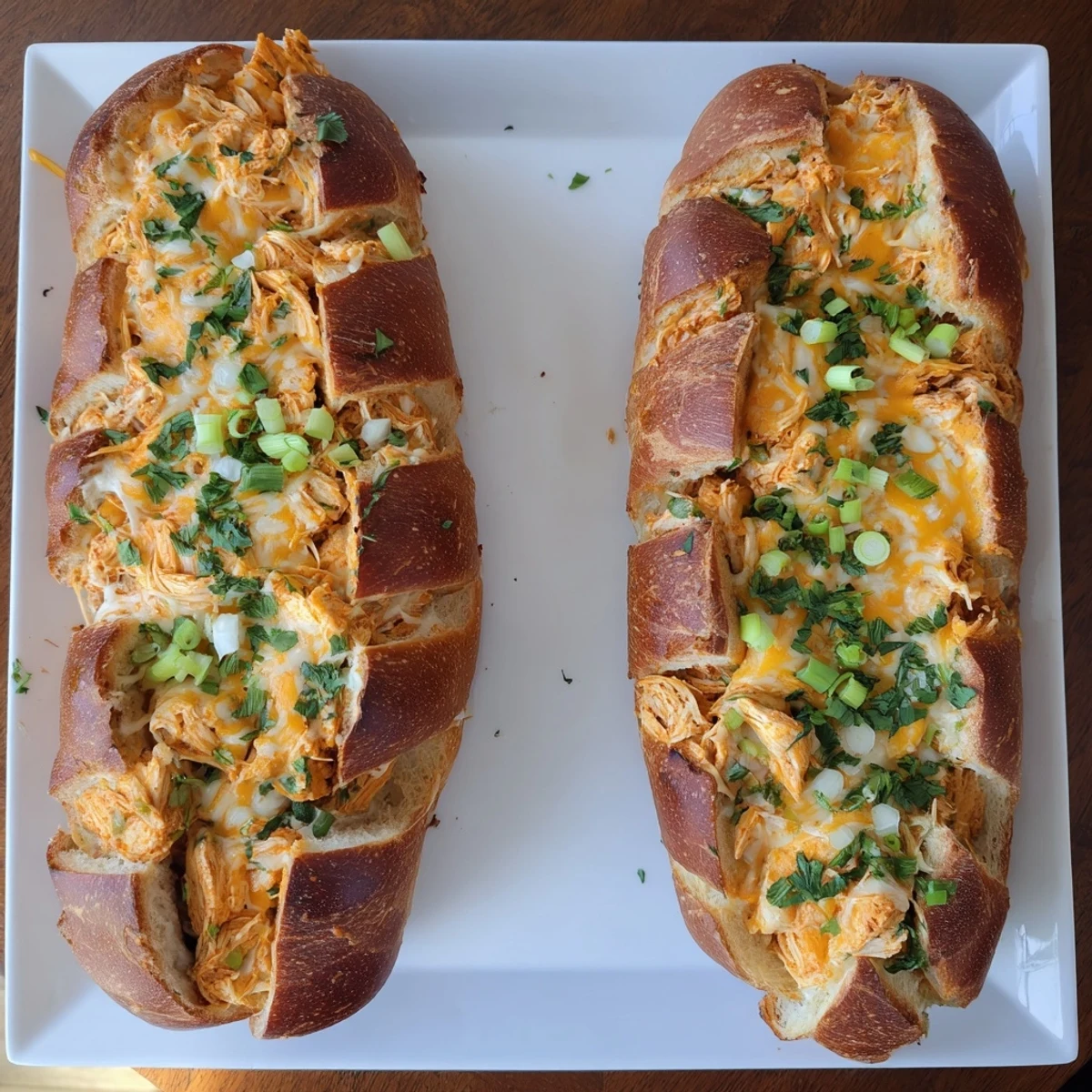 Sliced pieces of Cheesy Buffalo Chicken Stuffed French Bread show the gooey buffalo chicken and ranch filling inside.