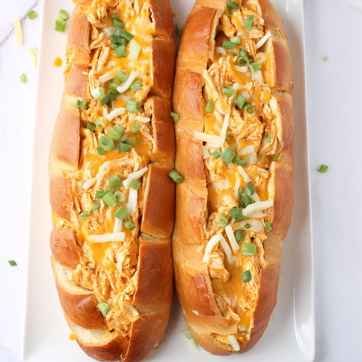A close-up view of a halved Cheesy Buffalo Chicken Stuffed French Bread filled with spicy chicken and creamy herbs.