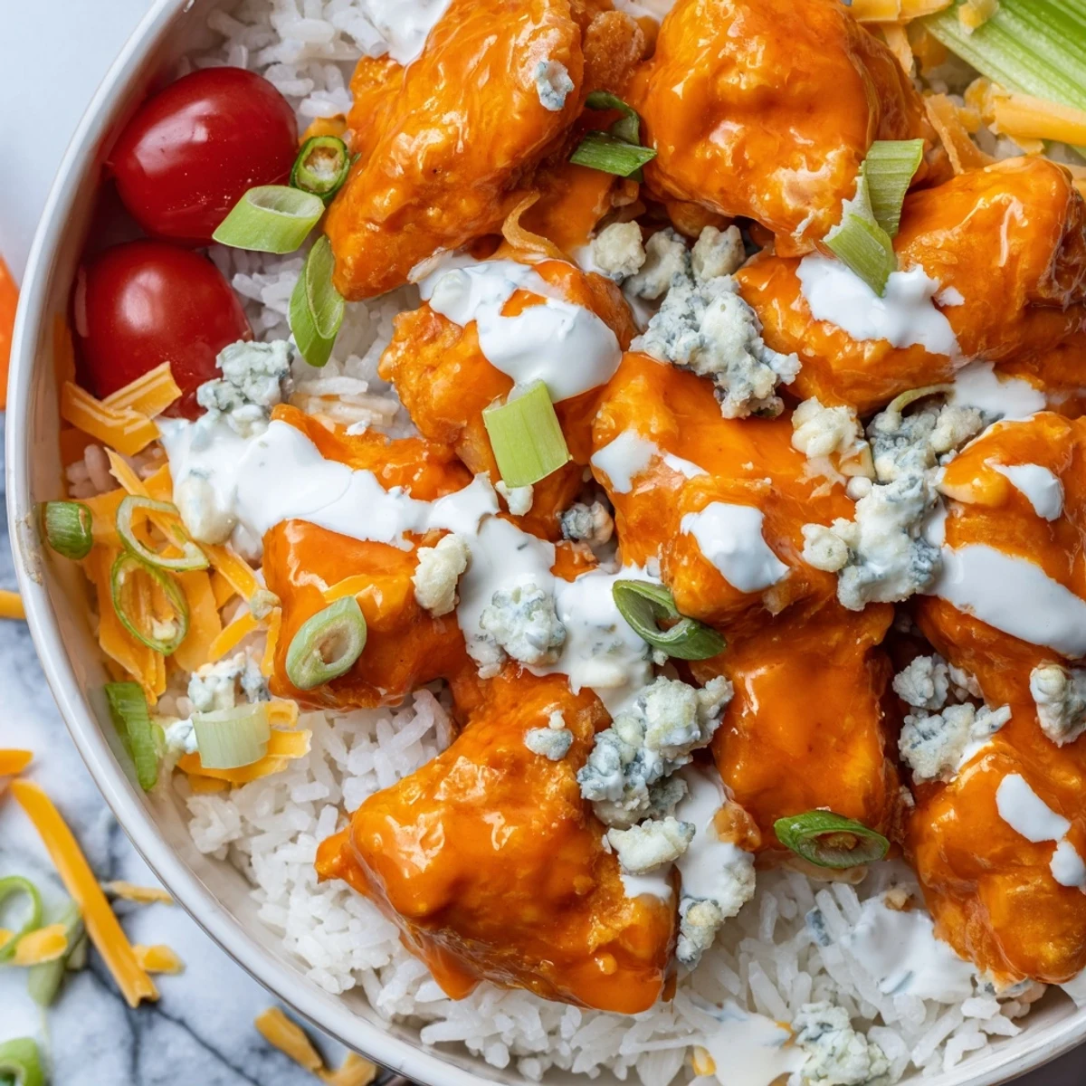 Golden buffalo chicken pieces atop fluffy rice, crisp lettuce, and bright cherry tomatoes, drizzled with creamy ranch.