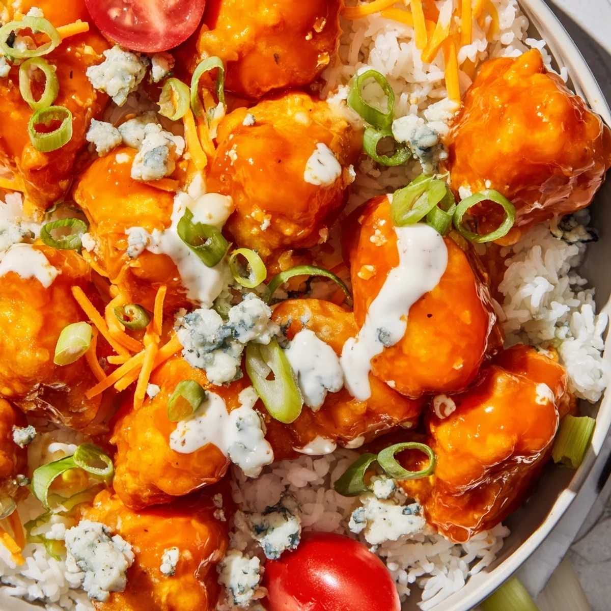 Savory buffalo chicken bowls feature crisp veggies, shredded cheddar, and a cool ranch drizzle for balance.
