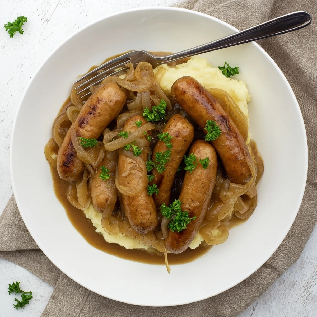 Sausages in Onion Gravy simmer in a rich dark gravy beside fluffy mashed potatoes for a comforting dinner.