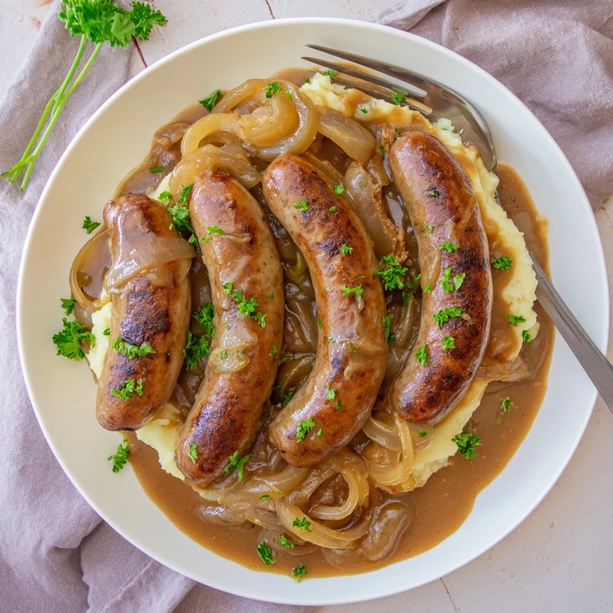 Tender sausages rest in a bowl of savory onion gravy, ready to be spooned over creamy mashed potatoes.