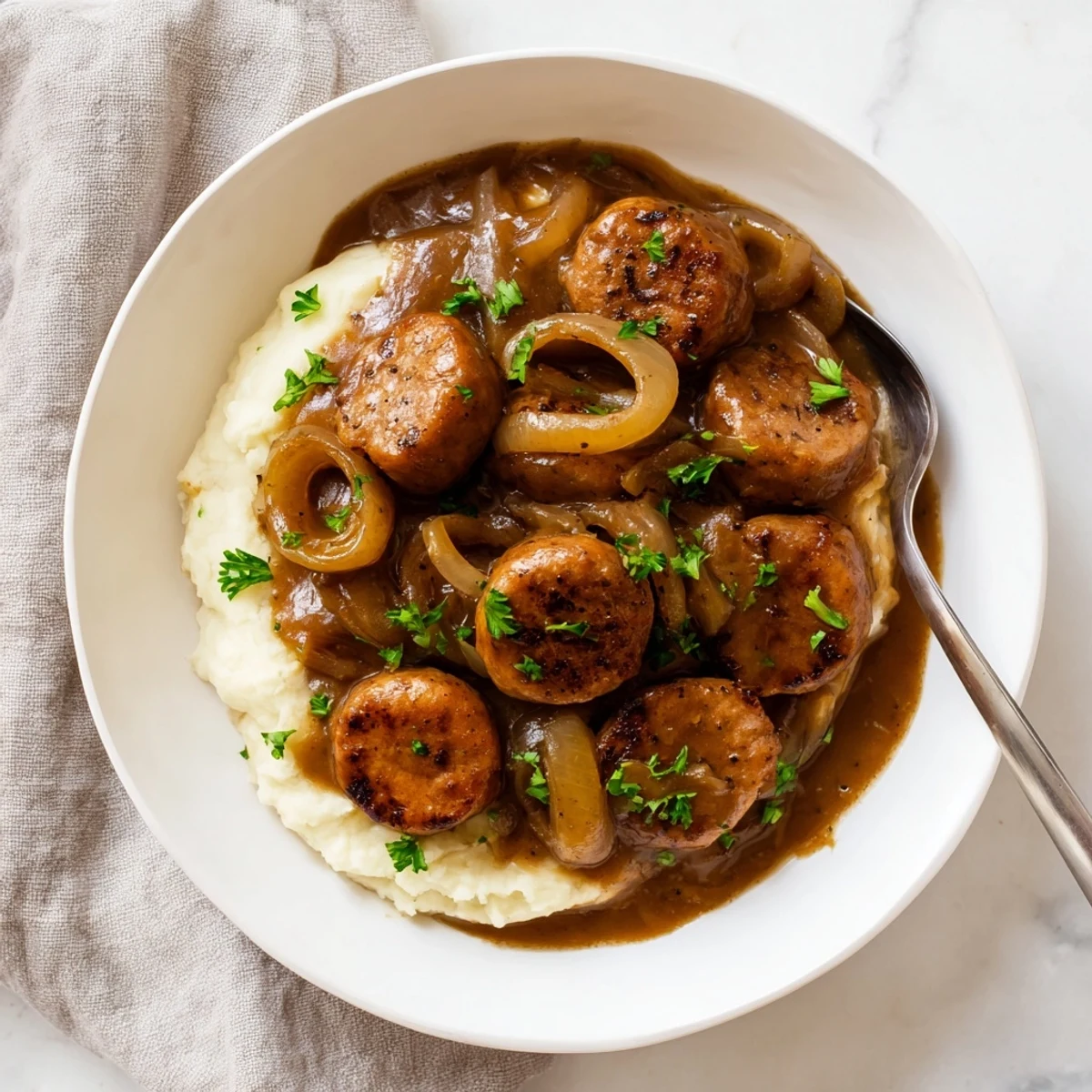 A skillet of Sausages in Onion Gravy shows glossy gravy and golden onions, served alongside mashed potatoes.