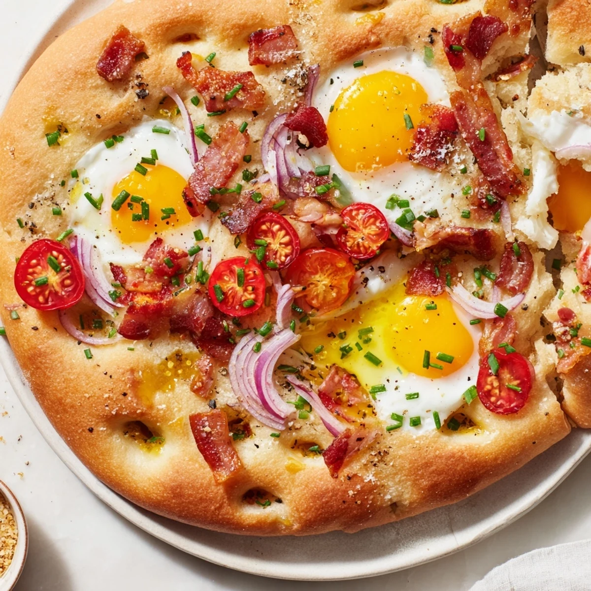 Freshly baked Breakfast Focaccia topped with crispy bacon, eggs, and cherry tomatoes on a wooden board.