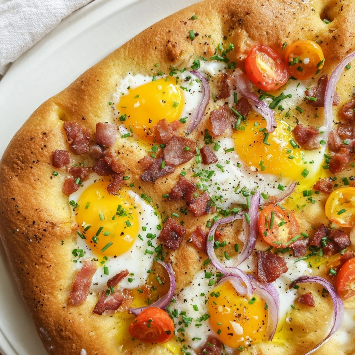 Sliced savory Breakfast Focaccia served with eggs, bacon, and tomatoes, ready for a family brunch.