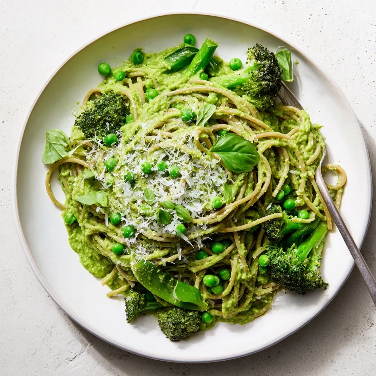 Fresh Veggie Smuggler Avocado Pasta garnished with basil and lemon zest.