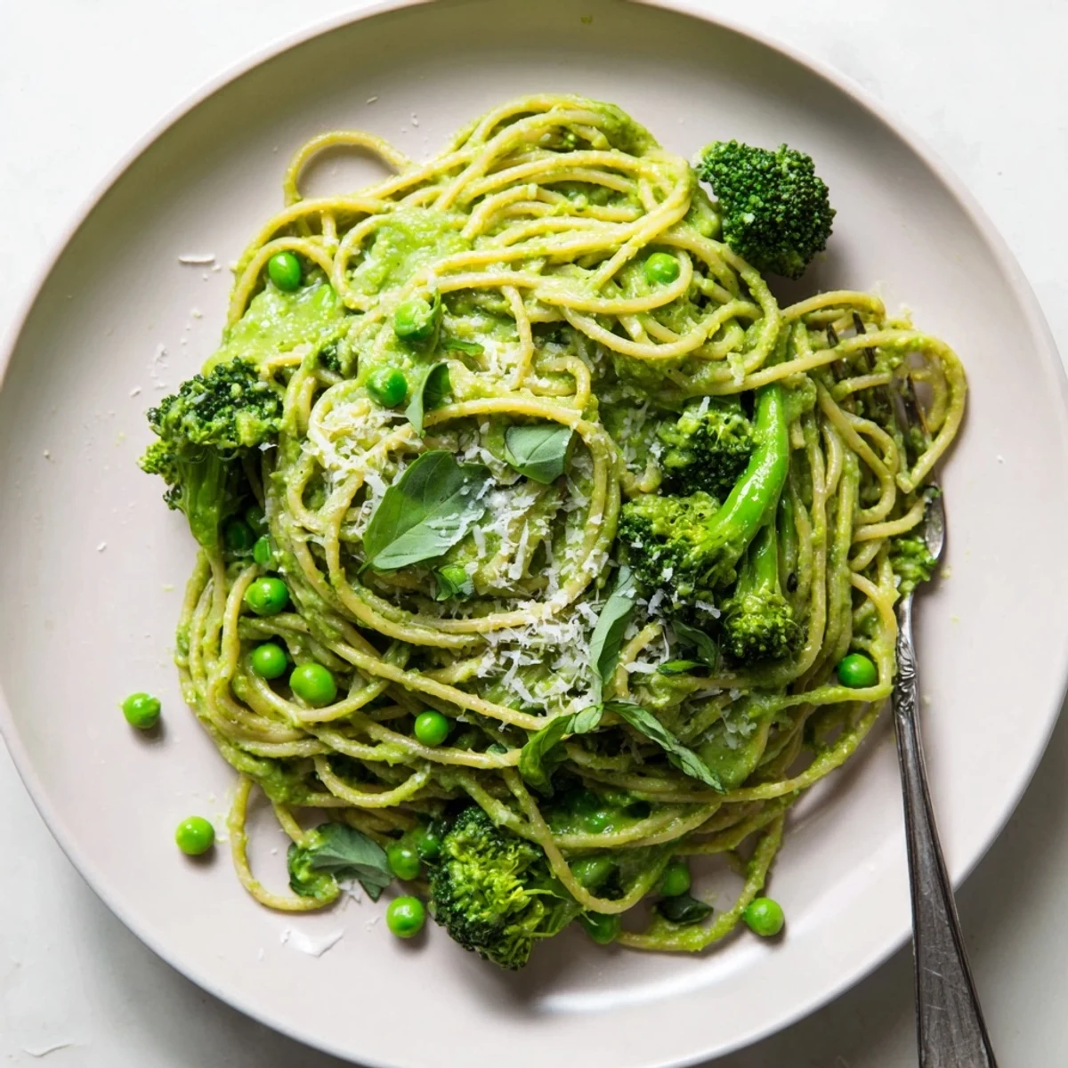 Spaghetti tossed in green avocado sauce with hidden zucchini and spinach.