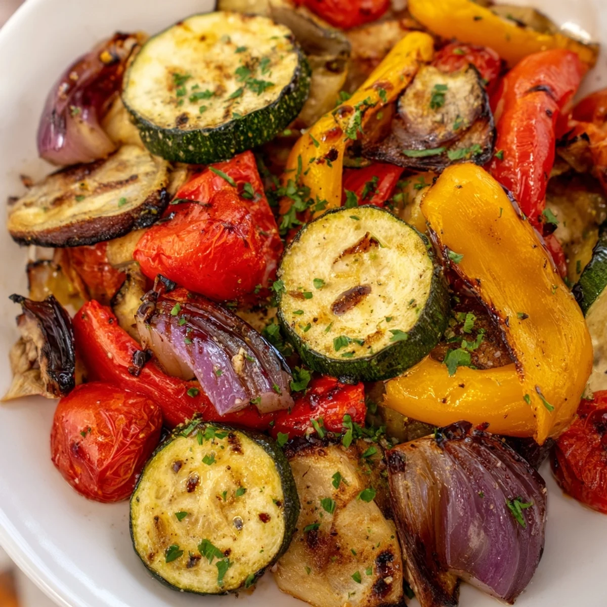 Vibrant Italian Roasted Vegetables golden and tender on a baking sheet, with garlic and herbs.