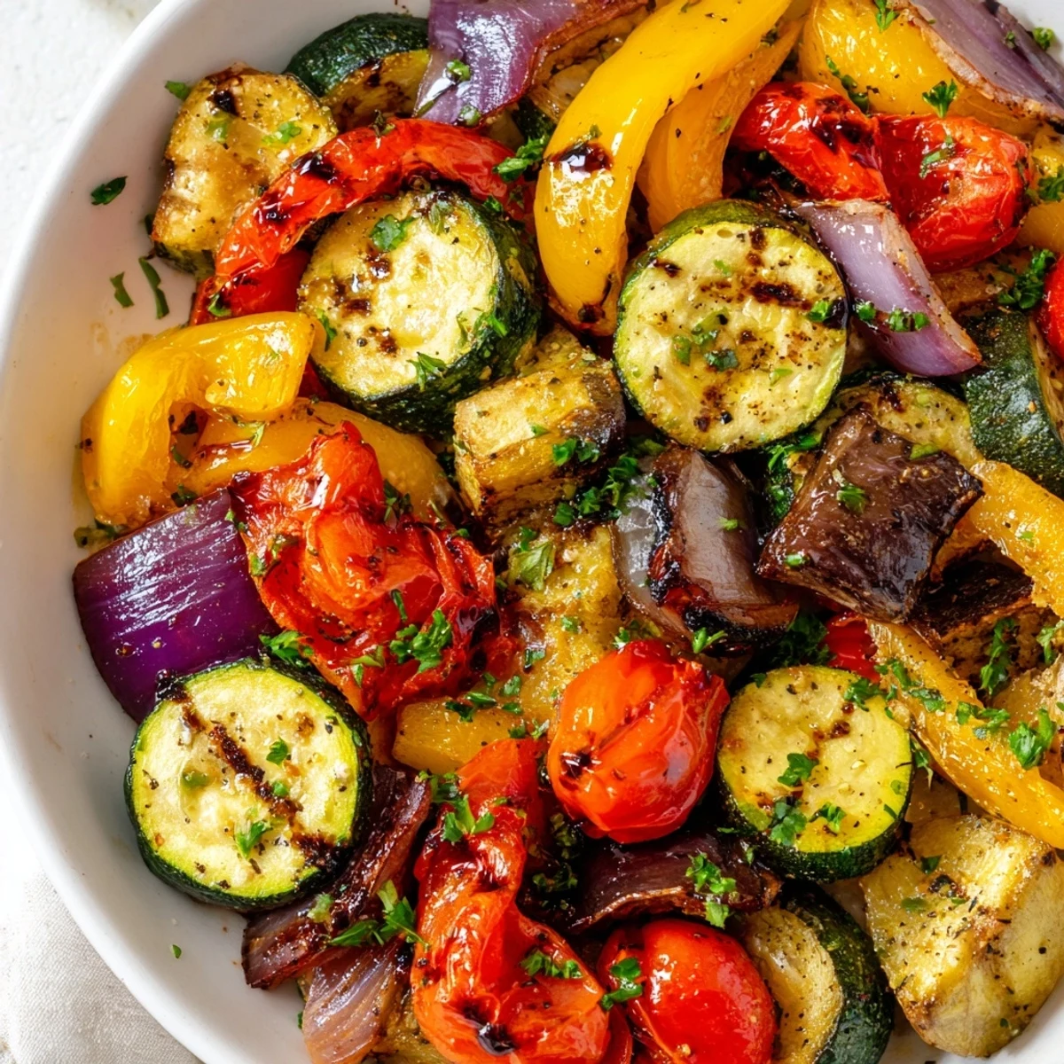 Sizzling Italian Roasted Vegetables with zucchini, peppers, and cherry tomatoes, garnished with parsley for a vegan meal.