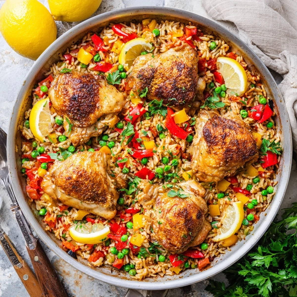 Fragrant One Pan Spanish Chicken and Rice Bake with golden chicken thighs, bell peppers, and peas steaming from the skillet.