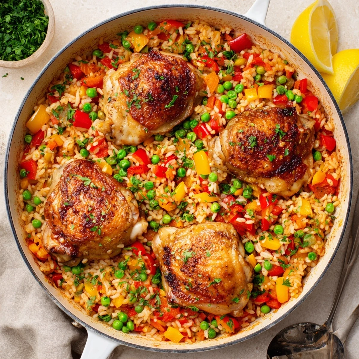 Vibrant One Pan Spanish Chicken and Rice Bake served family-style, garnished with fresh parsley and lemon wedges for a bright finish.