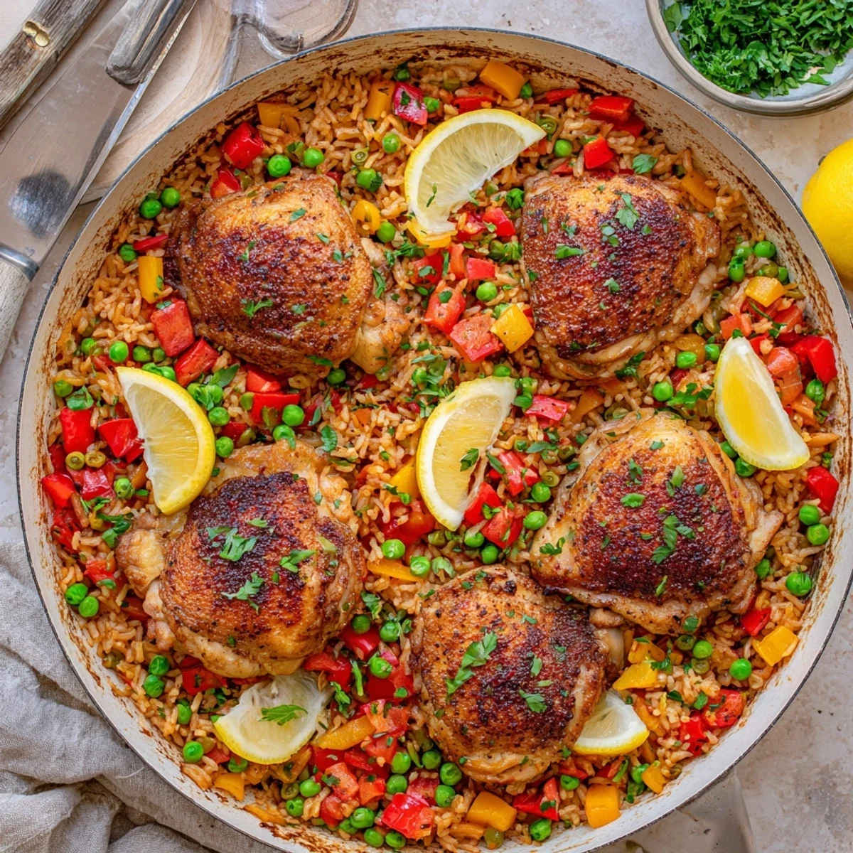 Savory One Pan Spanish Chicken and Rice Bake showcasing tender chicken atop saffron-tinted rice with colorful vegetables in a rustic oven-safe pan.