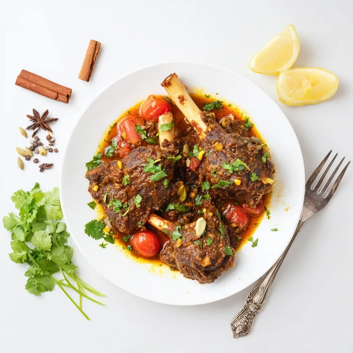 A close-up of Slow Cooked Indian Lamb Shanks, tender and glistening in a rich, aromatic curry sauce.