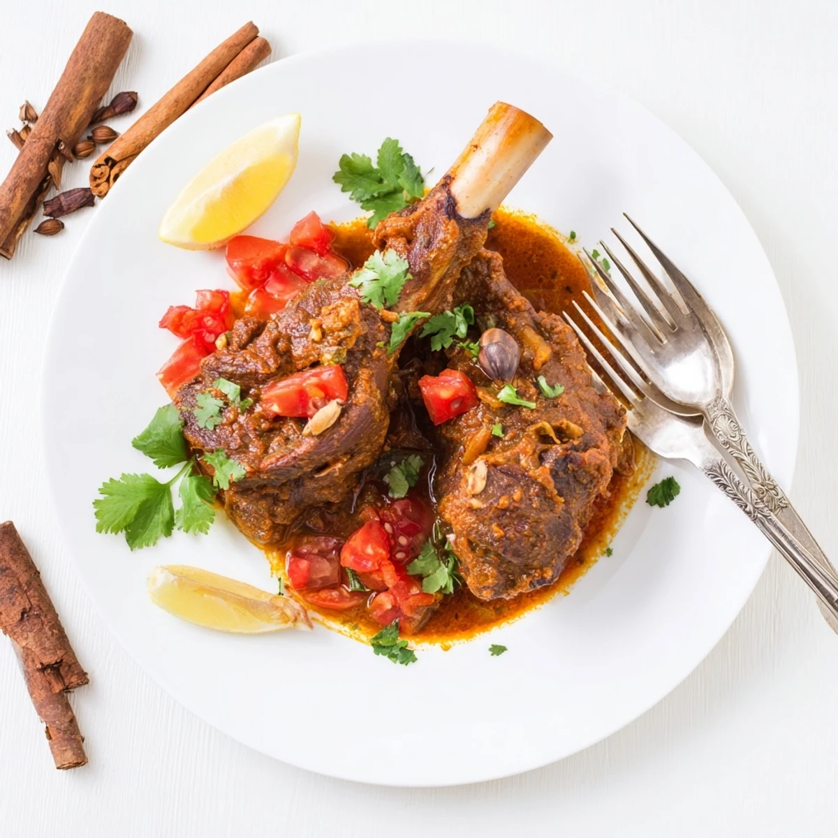 Garnished with fresh cilantro and lemon wedges, Slow Cooked Indian Lamb Shanks are served over fluffy basmati rice.