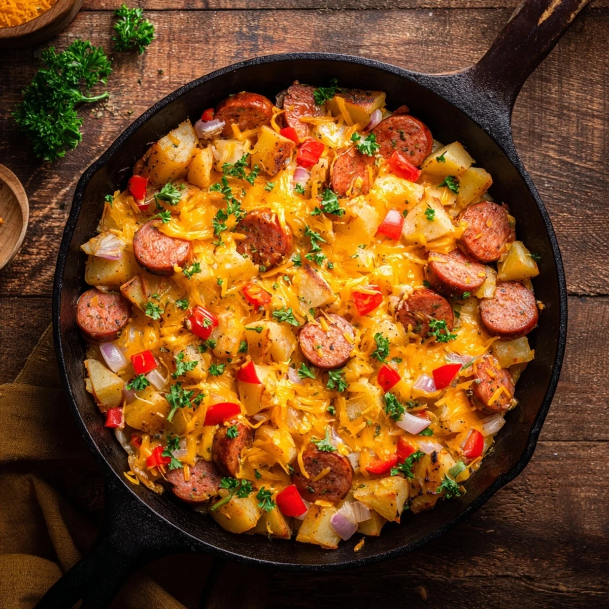 Golden, bubbly cheddar cheese covers the Cheesy Sausage and Potato Skillet Bake fresh from the oven.