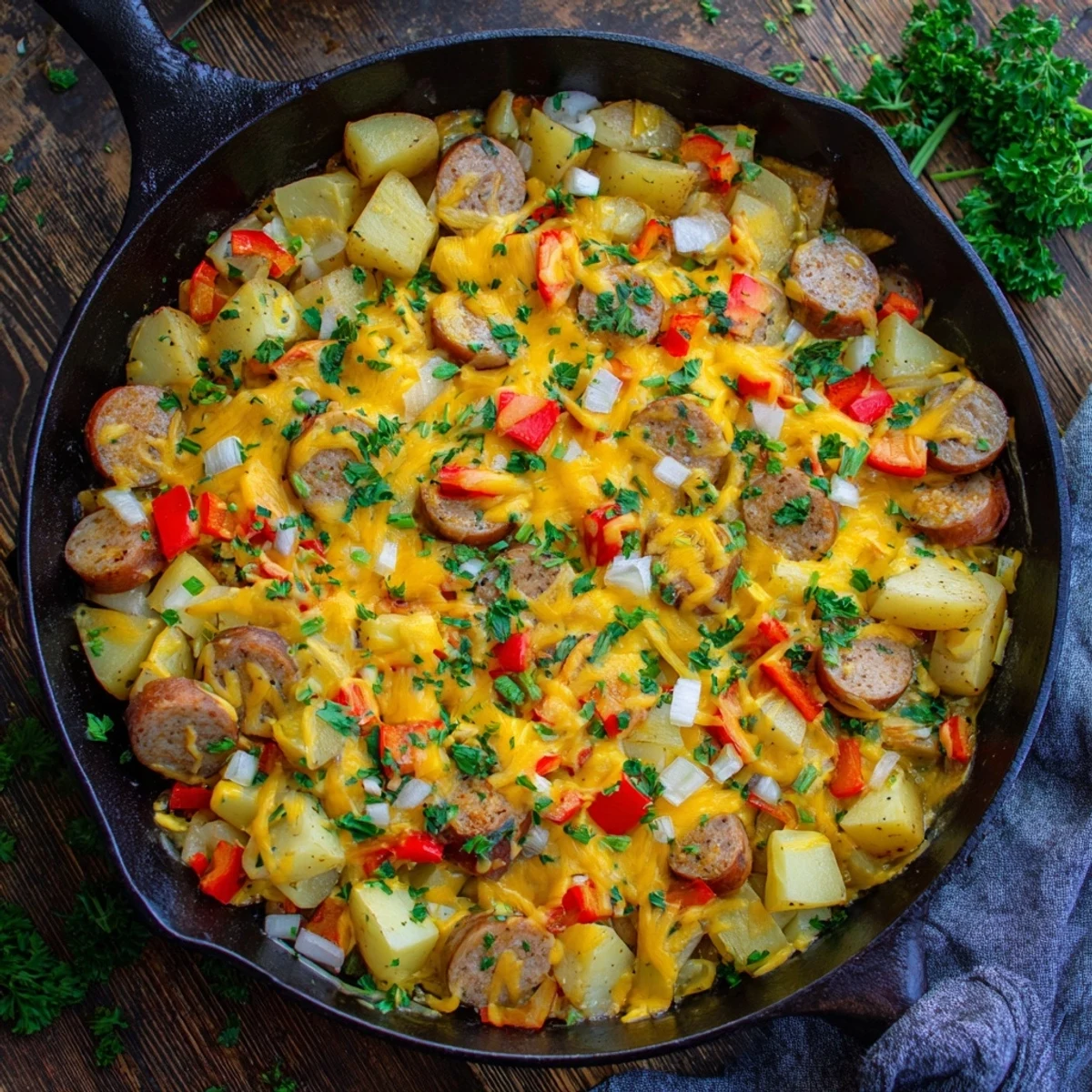 A close-up shows the Cheesy Sausage and Potato Skillet Bake served hot with a fresh green salad.