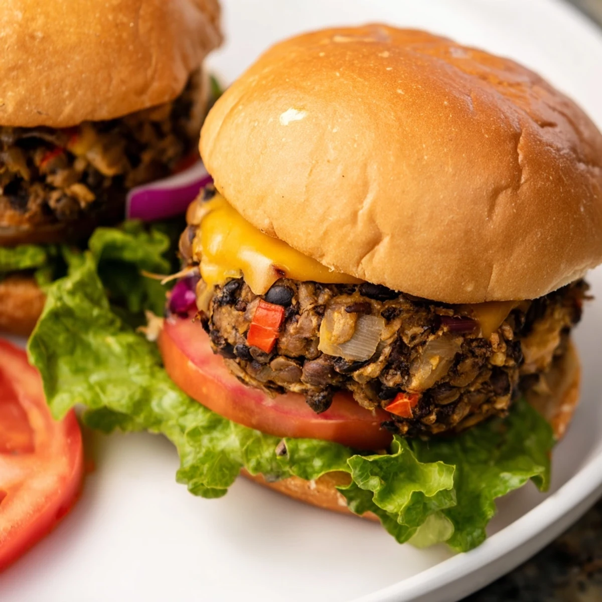 Golden-brown Mushroom Veggie Burgers sizzling in a skillet, ready for patty buns and fresh toppings.  