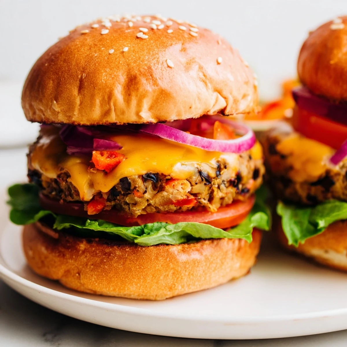 A close-up of a hearty Mushroom Veggie Burger with lettuce, tomato, and pickles on a toasted bun.  