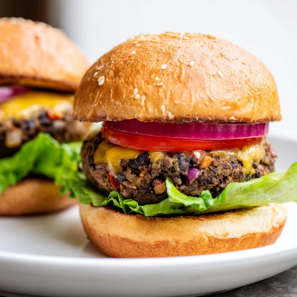 Visually impaired users can imagine the earthy Mushroom Veggie Burger served with sweet potato fries and salad.
