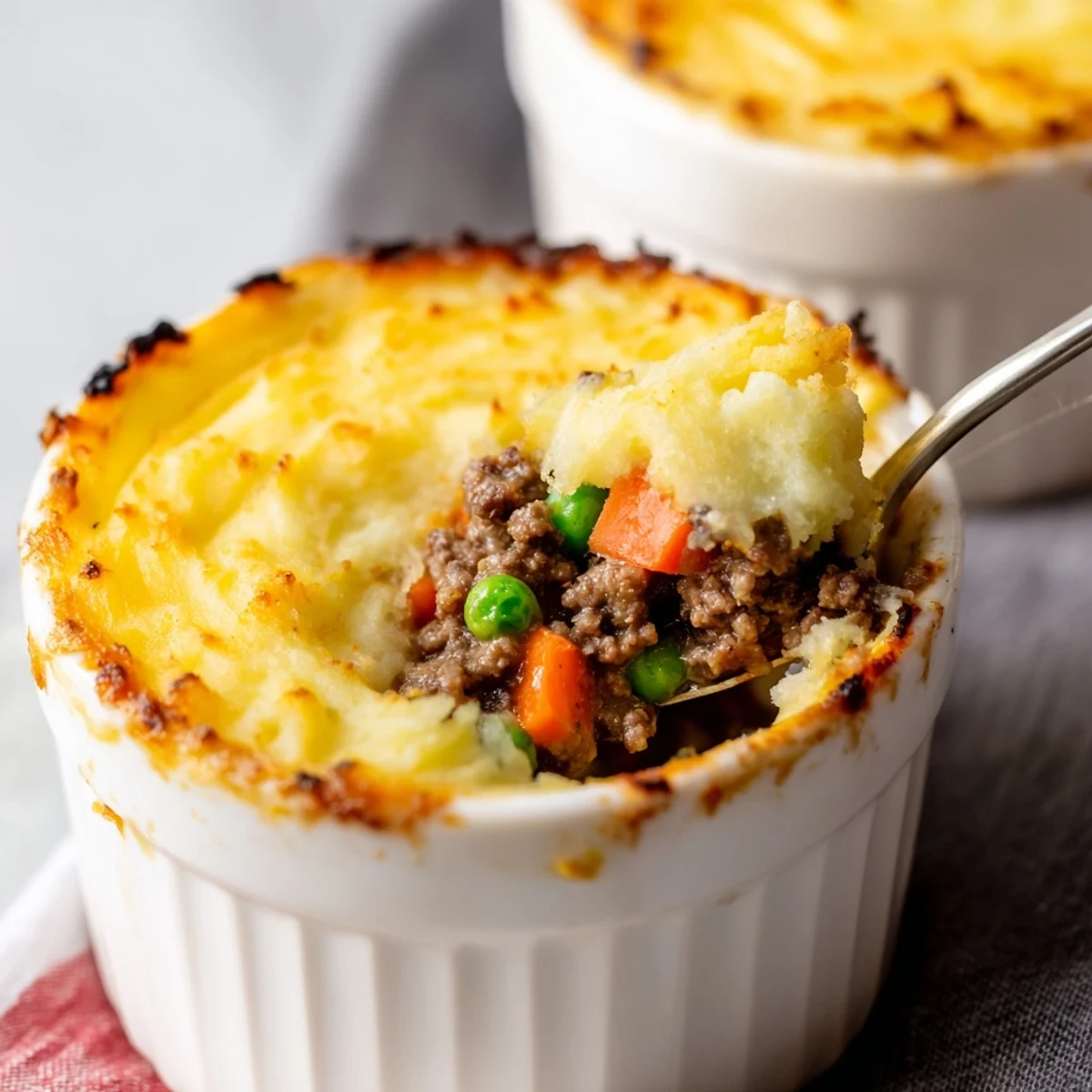 A close-up of a Mini Shepherd's Pie with golden, cheesy mashed potatoes, bubbling beef and vegetable filling, served in a ceramic ramekin.