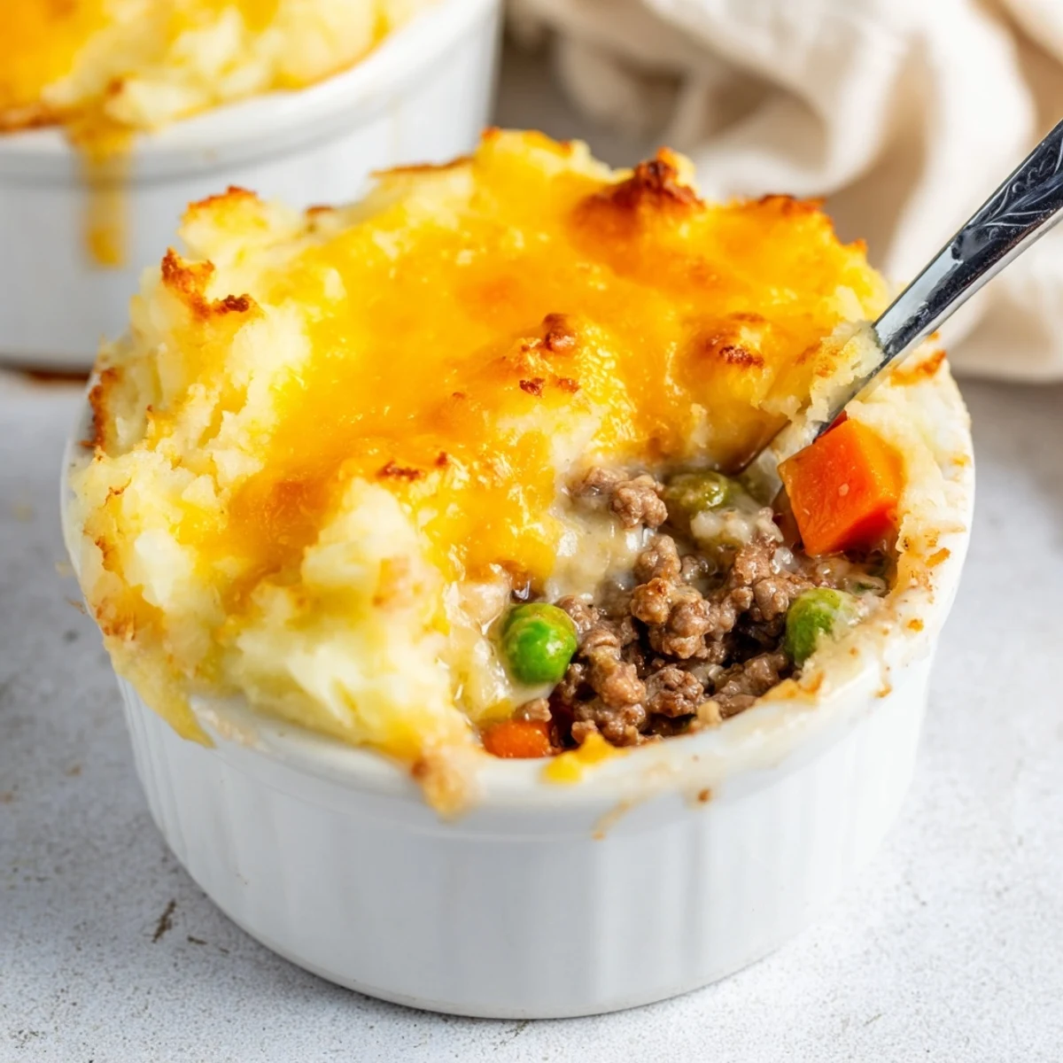 A savory Mini Shepherd's Pie in a white dish featuring creamy potato peaks, rich brown gravy, and colorful vegetables peeking through.
